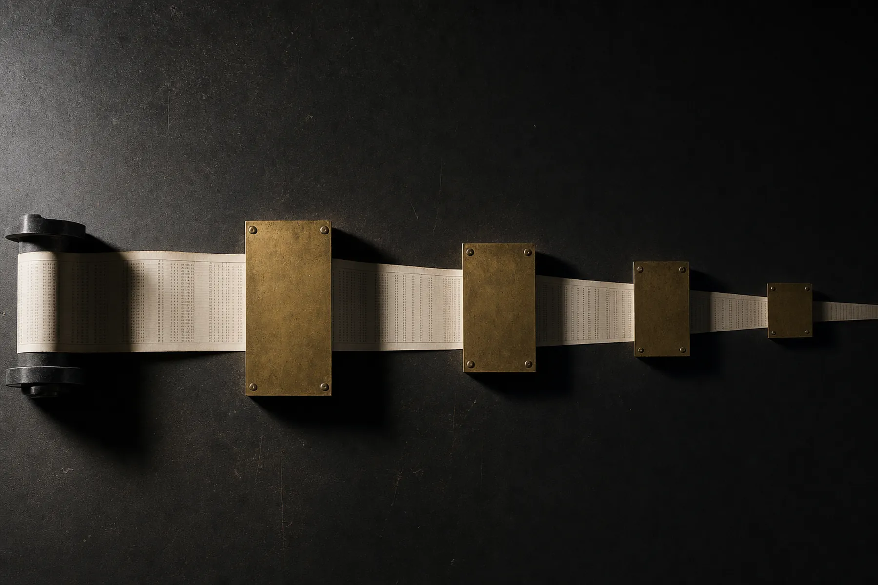A paper ledger strip unspooling across a dark surface, narrowing as it passes beneath four brass plates, each casting a hard shadow, before it disappears into darkness.